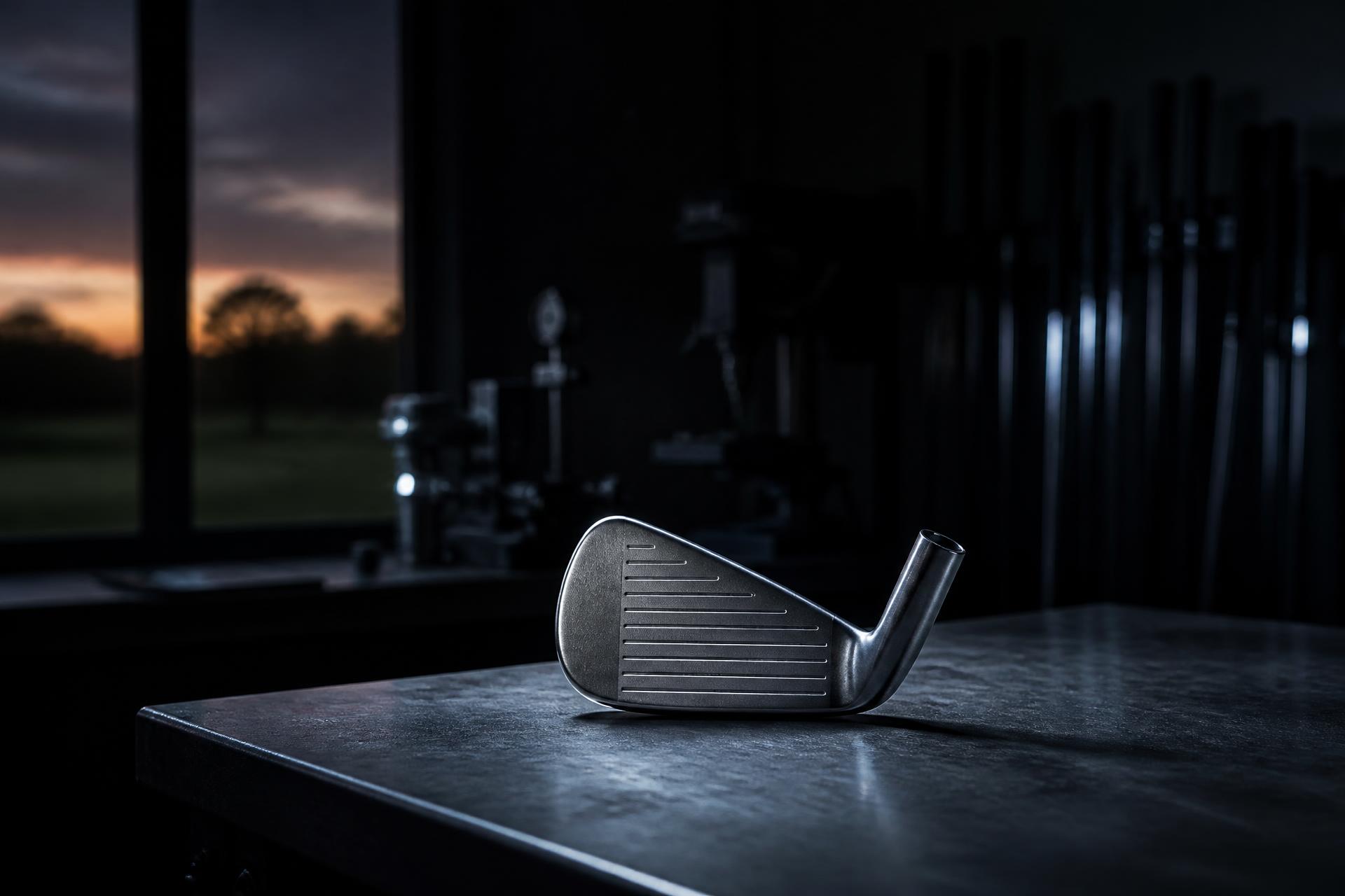 Golf iron head resting on a steel workbench in a fitting studio at dusk